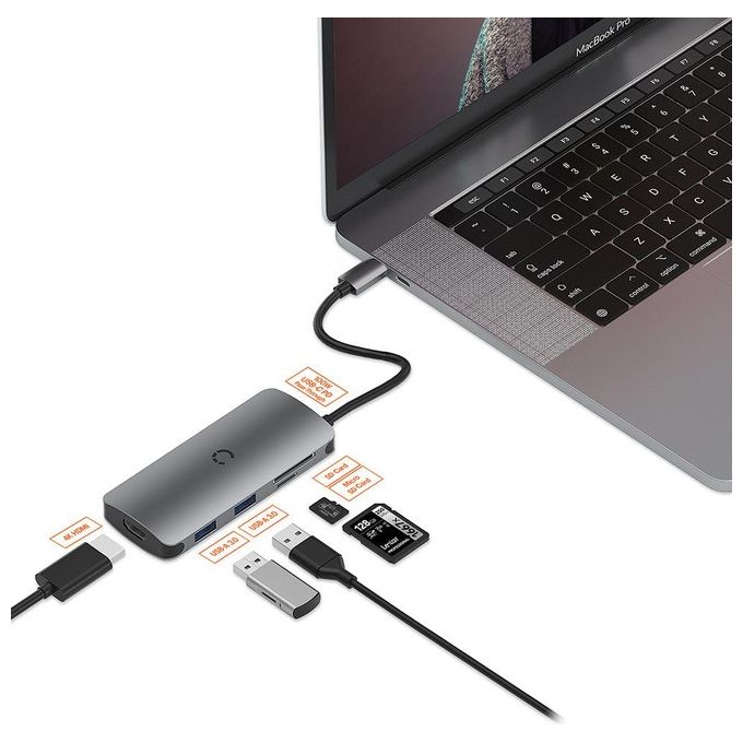 Cygnett BSA-MPA-CG-PUCHUB-BLK Unite PocketMate Hub USB-C 6 in 1 HDMI 4K USB 3.1 Gen 1 PD 100W colore Grigio