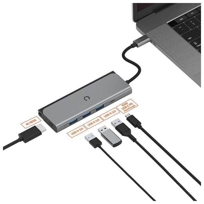 Cygnett 45213 Unite TravelMate Hub USB-C 5 in 1 con HDMI 4K USB-A 3 porte Power Delivery 100 W colore Grigio