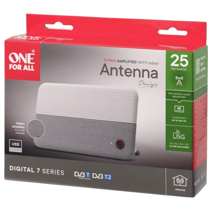 One For All SV9436 5G Design Line Antenna TV Interna DVB-T2 1080p Multidirezionale 360° Filtro 5G colore Bianco