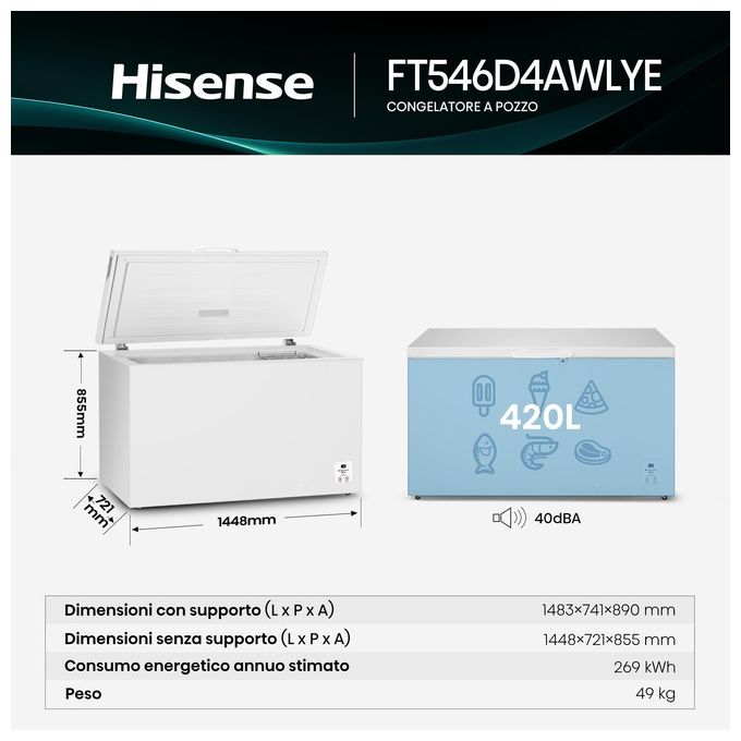 Hisense FT546D4AWLYE Congelatore a Pozzetto 420 L 85 cm Classe E 40 dB Inverter colore Bianco