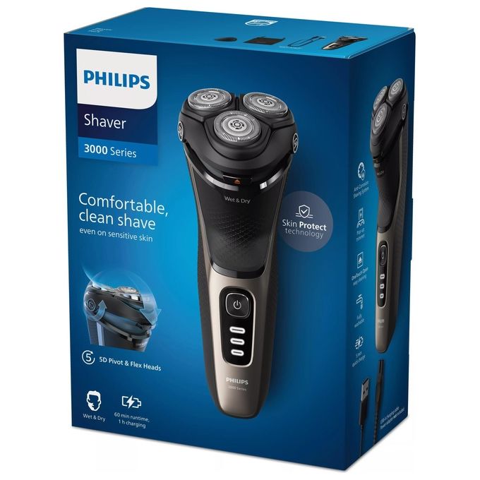 Philips S3242-12 Shaver 3000 Rasoio elettrico rotazione bagnato e asciutto 3 testine autonomia 60 min colore Nero Oro
