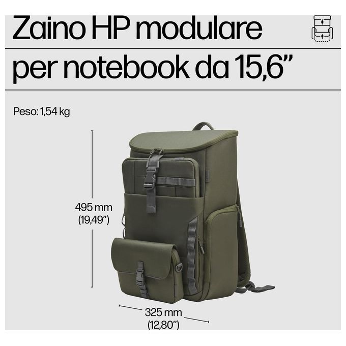 HP 9J4C1AA Zaino Modulare per Laptop 15.6'' 3 in 1 27L Resistente all'Acqua Tasca RFID colore Grigio Verde