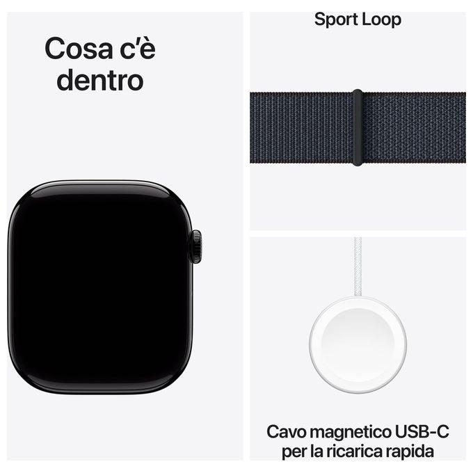 Apple MWWR3QL-A Apple Watch Series 10 Smartwatch GPS 46 mm Display Retina always-on Fitness tracker ECG Resistente all'acqua fino a 50 m Ricarica rapida 80% in 30 minuti colore Jet Black