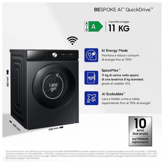 Samsung BESPOKE AI WW11DB8B95GBU3 Lavatrice carica frontale Quickdrive 11Kg 1400 giri Classe A nera