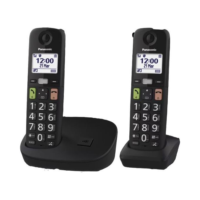 Panasonic KX-TGU112EXB Telefono Cordless DECT Duo 2 Cornette Tasti Grandi Schermo LCD 1.8'' Blocco Chiamate Compatibile Apparecchi Acustici colore Nero