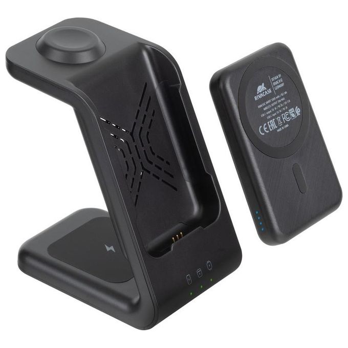 Rivacase VA4917 Caricabatterie Wireless Qi 3 in 1 MagSafe 15W Power Bank 5000 mAh Ricarica Rapida QC PD 20W colore Nero