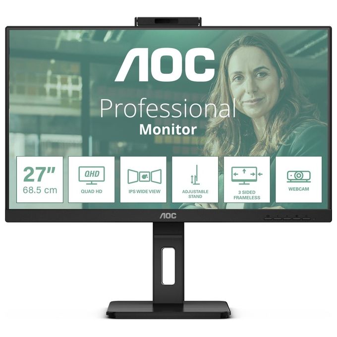 AOC Q27P3QW Monitor PC 27'' QHD 2560x1440 IPS 100Hz Webcam Hub USB 3.2 HDMI DisplayPort colore Nero