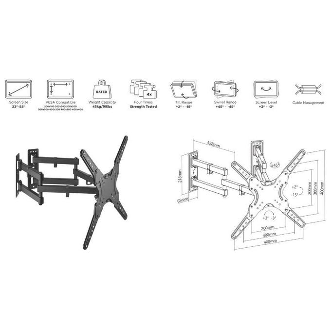 Equip 650328 Supporto a Parete per TV Full Motion Angolare 23'' a 55'' Capacita' 45 Kg VESA 400x400 colore Nero