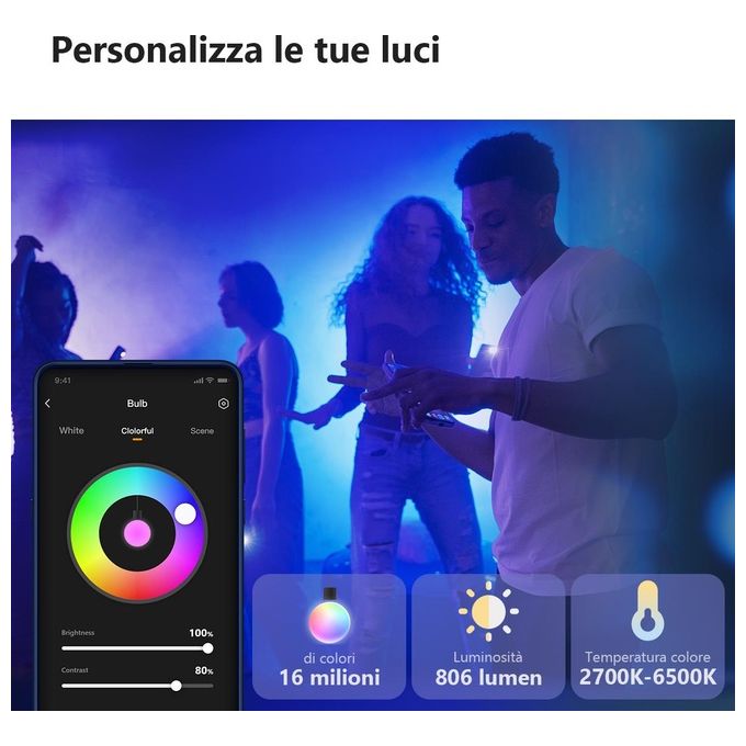 Imou IOT-LB5C1-A60-H-E27-EU B5 Lampadina Smart LED E27 9W 806lm 16 Milioni di Colori Wi-Fi Alexa Google Assistant colore Bianco