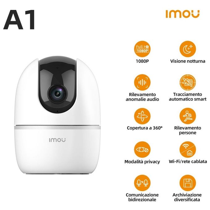 Imou Telecamera Wi-Fi Interno, 1080P Telecamera IP di Sorveglianza, Tracciamento del Movimento con Sirena, Baby Monitor con AI Rilevamento Umano, Audio Bidirezionale and Visione Notturna - A1 2mp 1920x1080p