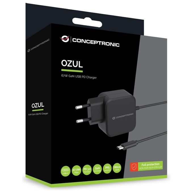 Conceptronic OZUL04BE Caricabatterie USB PD 67W GaN con Cavo USB C Integrato 180 cm colore Nero