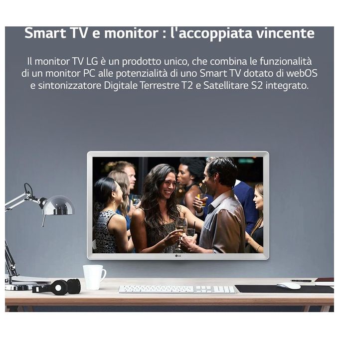 LG 24TQ510S-WZ Monitor TV 23.6'' Smart webOS 22 LED HD DVB-T2 S2 Wi-Fi Bluetooth AirPlay 2 colore Bianco