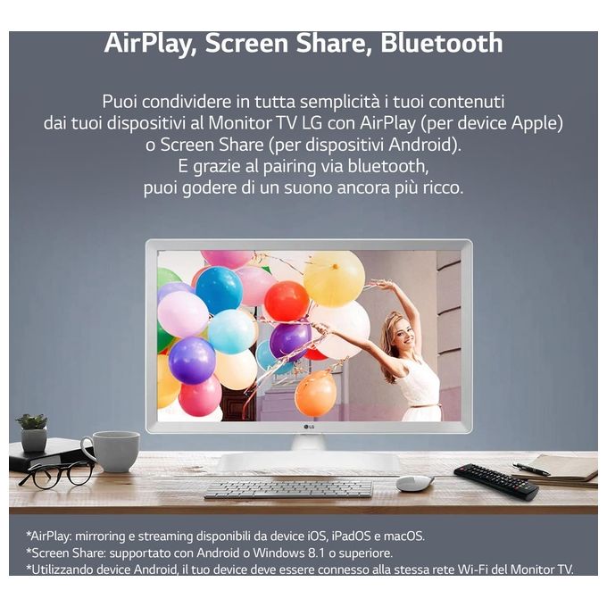 LG 24TQ510S-WZ Monitor TV 23.6'' Smart webOS 22 LED HD DVB-T2 S2 Wi-Fi Bluetooth AirPlay 2 colore Bianco