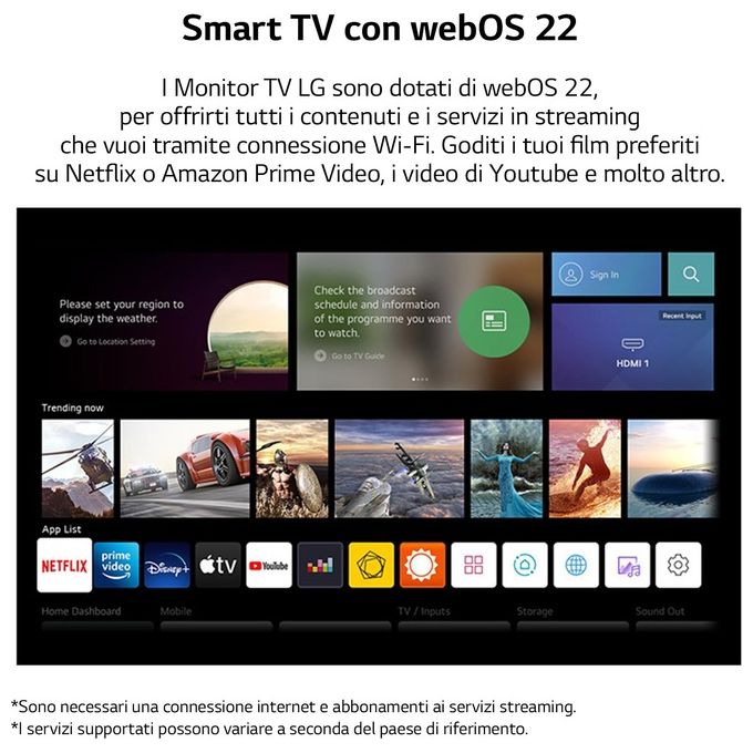 LG 24TQ510S-WZ Monitor TV 23.6'' Smart webOS 22 LED HD DVB-T2 S2 Wi-Fi Bluetooth AirPlay 2 colore Bianco