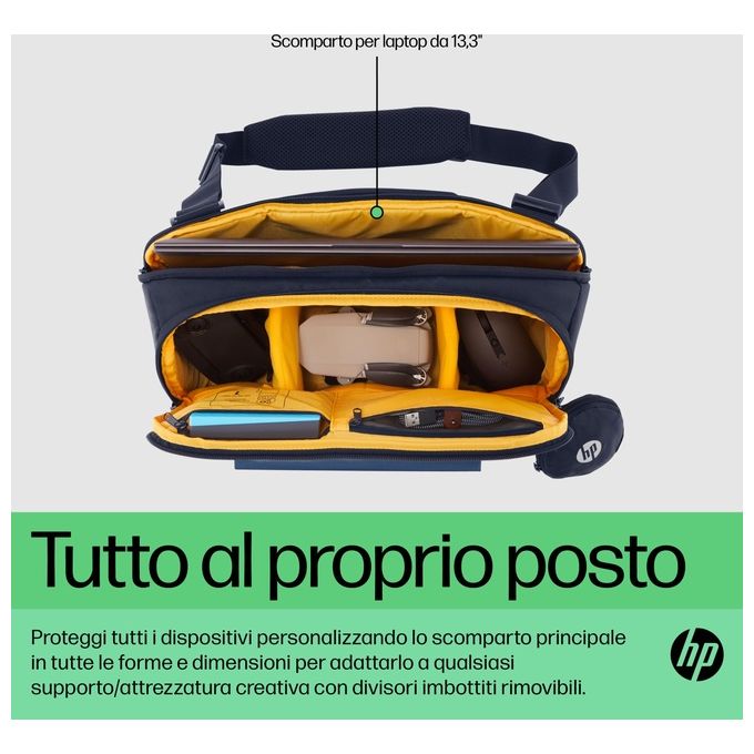 HP 6M5S4AA Borsa a tracolla per laptop Creator 13.3 pollici in materiale riciclato resistente all'acqua con scomparto ad accesso rapido e protezione RFID colore Blu marino