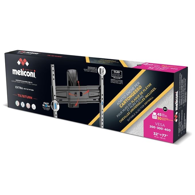 Meliconi 480877 Extra 400 Tilt N Turn Supporto TV a Parete 32'' 77'' VESA 200 400 Portata Max 45 Kg Cartongesso colore Nero