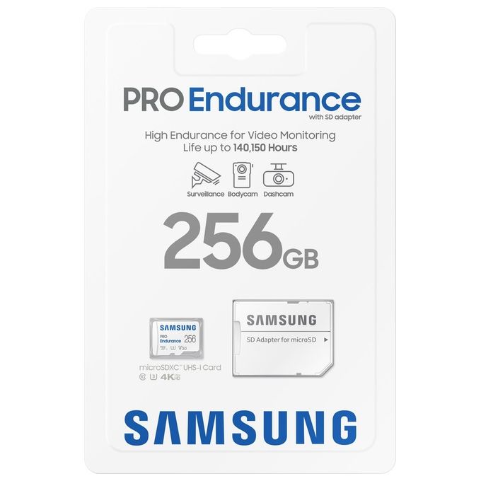 Samsung MB-MJ256K PRO Endurance MicroSDXC 256 GB UHS-I Classe 10 V30 U3 fino a 100 MB-s di lettura colore Bianco