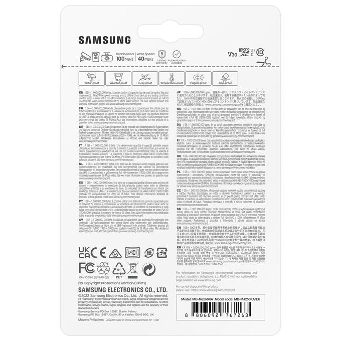 Samsung MB-MJ256K PRO Endurance MicroSDXC 256 GB UHS-I Classe 10 V30 U3 fino a 100 MB-s di lettura colore Bianco