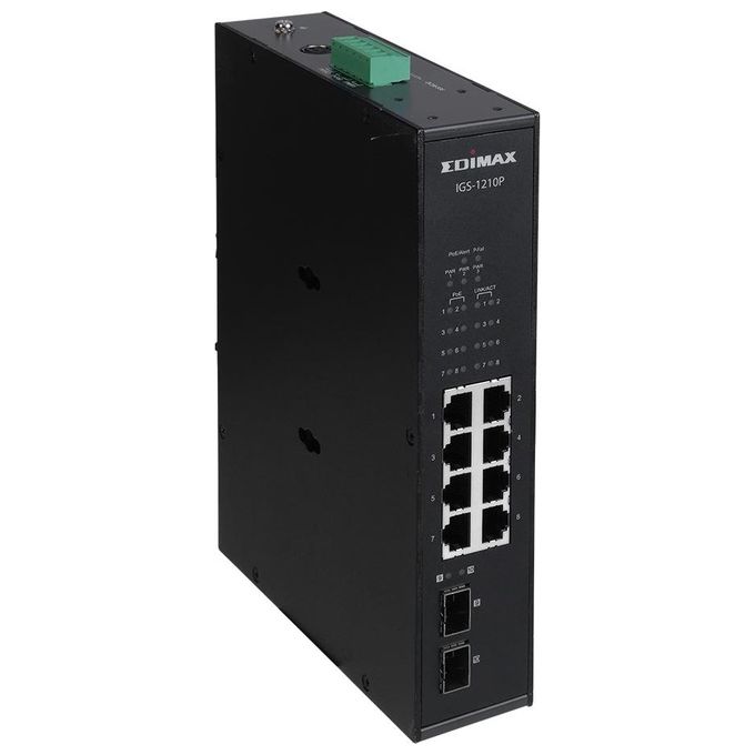Edimax IGS-1210P Switch Industriale Gigabit PoE+ 8 Porte RJ45 2 Slot SFP Montabile su Rail DIN e Parete Fanless colore Nero