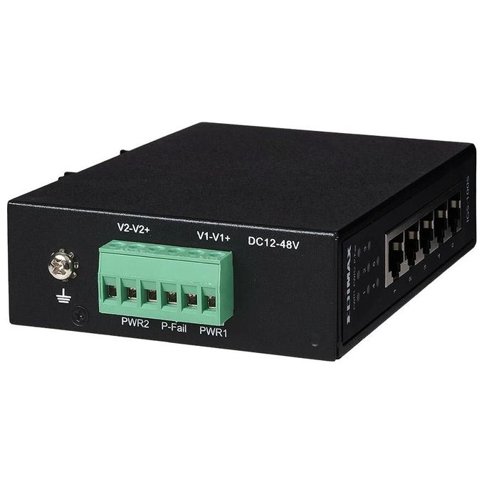 EDiMAX IGS-1005 Switch industriale Ethernet a 5 porte Gigabit con alimentazione ridondante doppia DC 12V~48V protezione sovratensione 6 kV raffreddamento passivo montaggio su guida DIN o a parete colore Nero