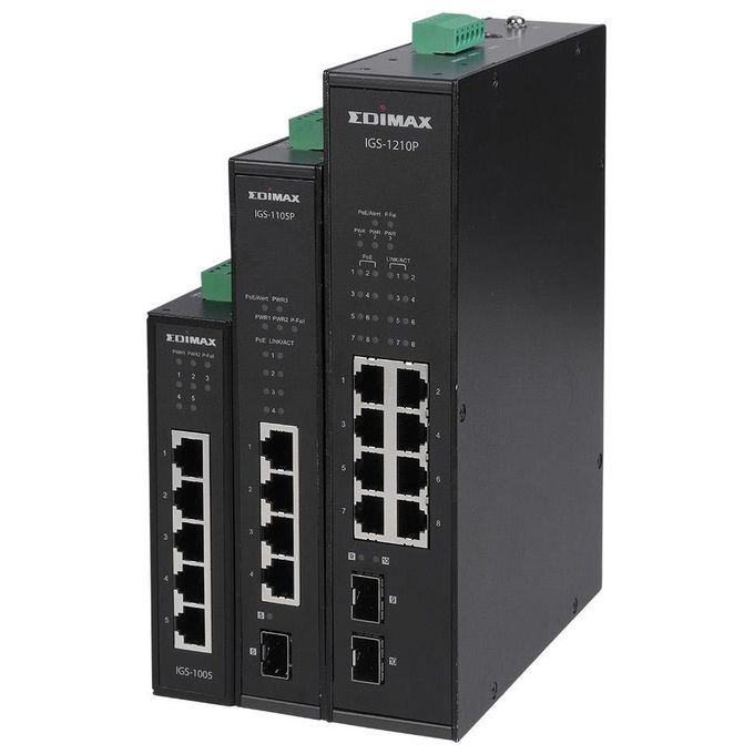 EDiMAX IGS-1005 Switch industriale Ethernet a 5 porte Gigabit con alimentazione ridondante doppia DC 12V~48V protezione sovratensione 6 kV raffreddamento passivo montaggio su guida DIN o a parete colore Nero