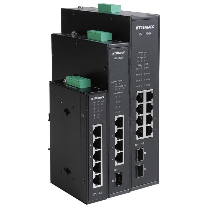 EDiMAX IGS-1005 Switch industriale Ethernet a 5 porte Gigabit con alimentazione ridondante doppia DC 12V~48V protezione sovratensione 6 kV raffreddamento passivo montaggio su guida DIN o a parete colore Nero