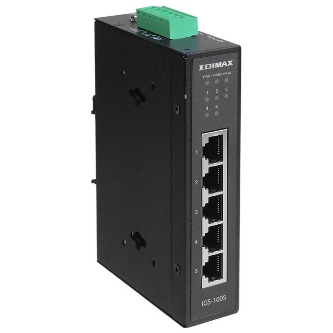 EDiMAX IGS-1005 Switch industriale Ethernet a 5 porte Gigabit con alimentazione ridondante doppia DC 12V~48V protezione sovratensione 6 kV raffreddamento passivo montaggio su guida DIN o a parete colore Nero