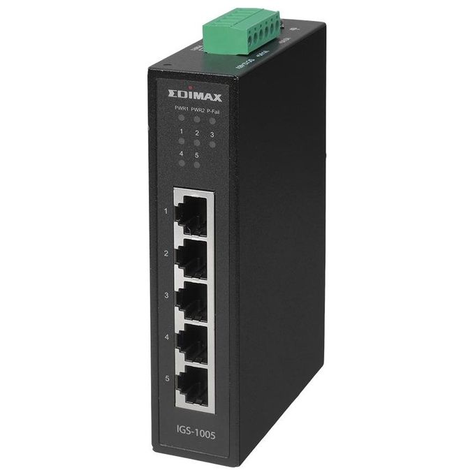 EDiMAX IGS-1005 Switch industriale Ethernet a 5 porte Gigabit con alimentazione ridondante doppia DC 12V~48V protezione sovratensione 6 kV raffreddamento passivo montaggio su guida DIN o a parete colore Nero