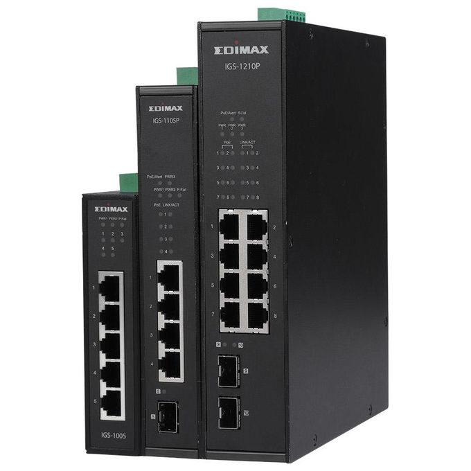 EDiMAX IGS-1005 Switch industriale Ethernet a 5 porte Gigabit con alimentazione ridondante doppia DC 12V~48V protezione sovratensione 6 kV raffreddamento passivo montaggio su guida DIN o a parete colore Nero