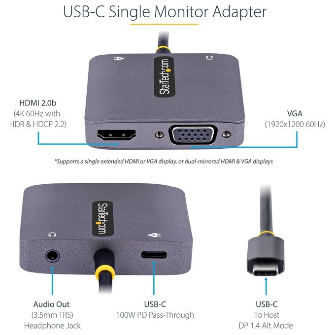 StarTech.com Adattatore USB-C a VGA-HDMI Adattatore Multiporta USB Type-C a VGA-HDMI 4K 60Hz HDR con Uscita Audio da 3.5mm