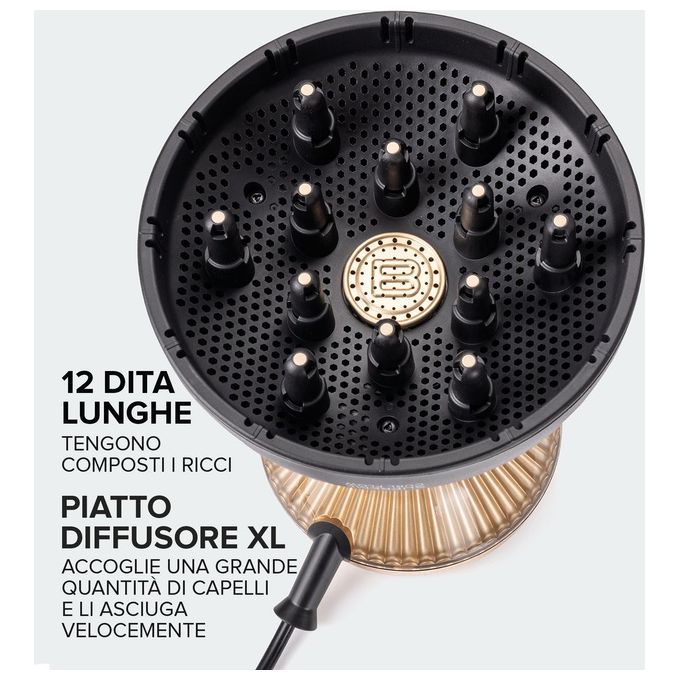 Bellissima 11824 Diffon Supreme Asciugacapelli 770 W Ceramica Argan Oil Ionico 2 Velocita' 3 Temperature Diffusore XL colore Nero Oro
