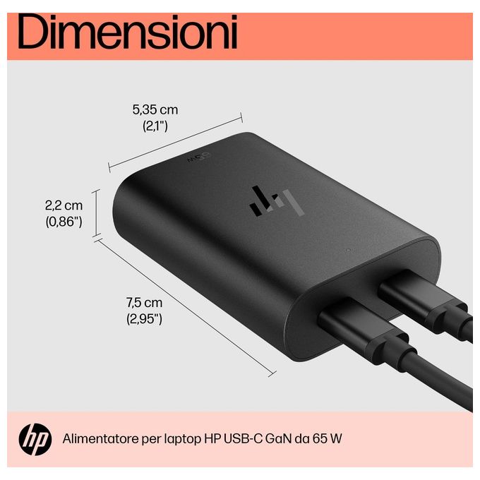 HP 600Q7AA Caricabatterie per Laptop USB-C 65 W con Tecnologia GaN 2 Porte USB-C colore Nero