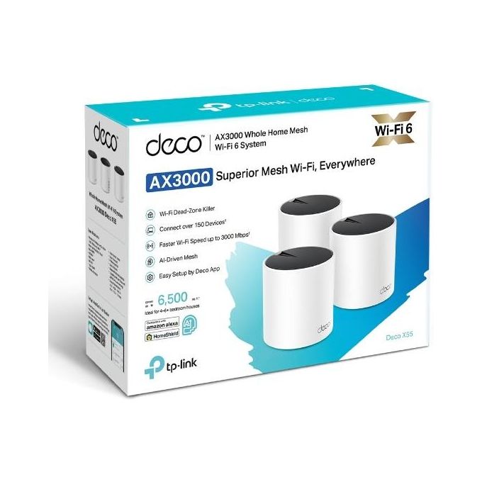 TP-Link DECO X55 3-PACK Sistema Wi-Fi Mesh Wi-Fi 6 802.11ax Dual-band 2.4 GHz 5 GHz AX3000 3000 Mbit-s colore Bianco