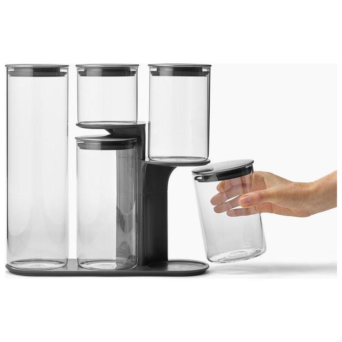 Joseph Joseph 95035 Podium Set di 5 Barattoli in Vetro con Supporto Capacita' 1,9 L 1,2 L 900 ml 500 ml colore Grigio