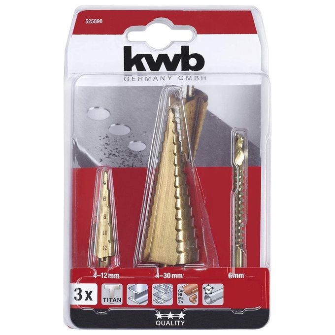 Kwb Set Di 3 Punte Per Trapano A Gradini Superficie Satinata In Titanio