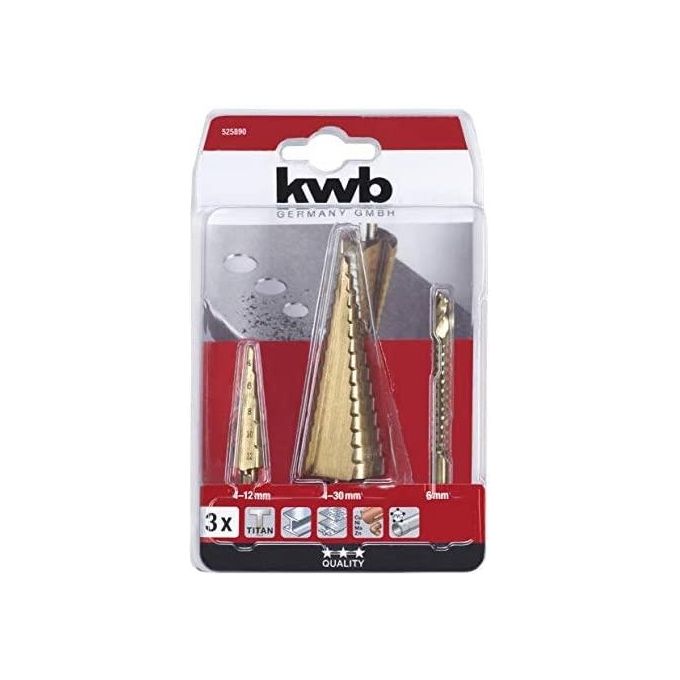 Kwb Set Di 3 Punte Per Trapano A Gradini Superficie Satinata In Titanio
