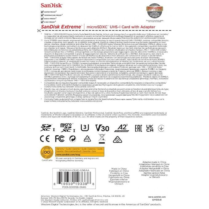 SanDisk SDSQXAH-064G-GN6AA Extreme MicroSDXC 64 GB UHS-I C10 U3 V30 A2 170 MB-s 80 MB-s colore Oro Rosso