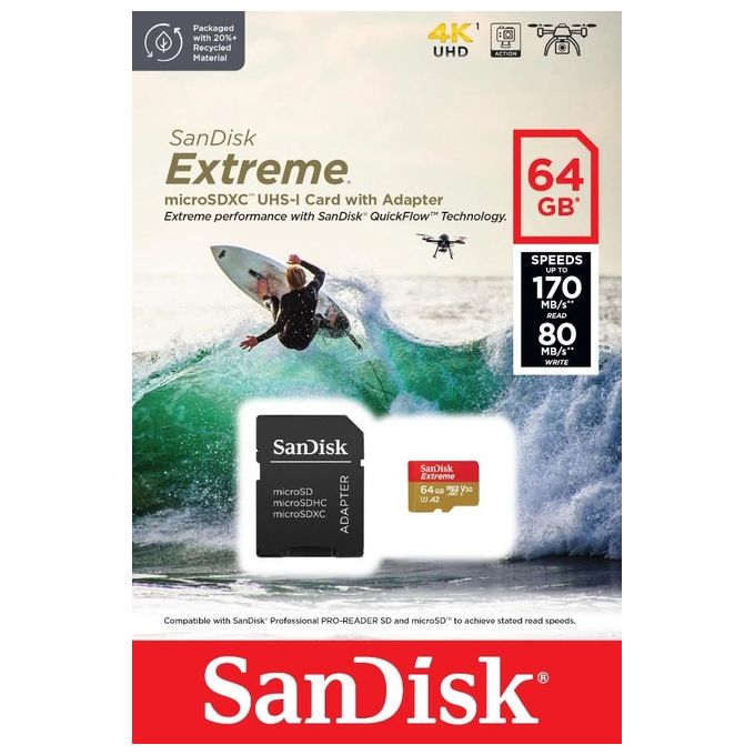 SanDisk SDSQXAH-064G-GN6AA Extreme MicroSDXC 64 GB UHS-I C10 U3 V30 A2 170 MB-s 80 MB-s colore Oro Rosso
