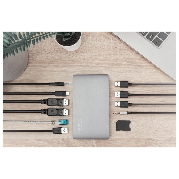 Digitus DA-70895 Docking Station Thunderbolt 3 10 Porte 2x DisplayPort 8K@30Hz 40 Gbps 3x USB 3.0 Gigabit LAN Lettore SD Micro SD Power Delivery 60W colore Grigio