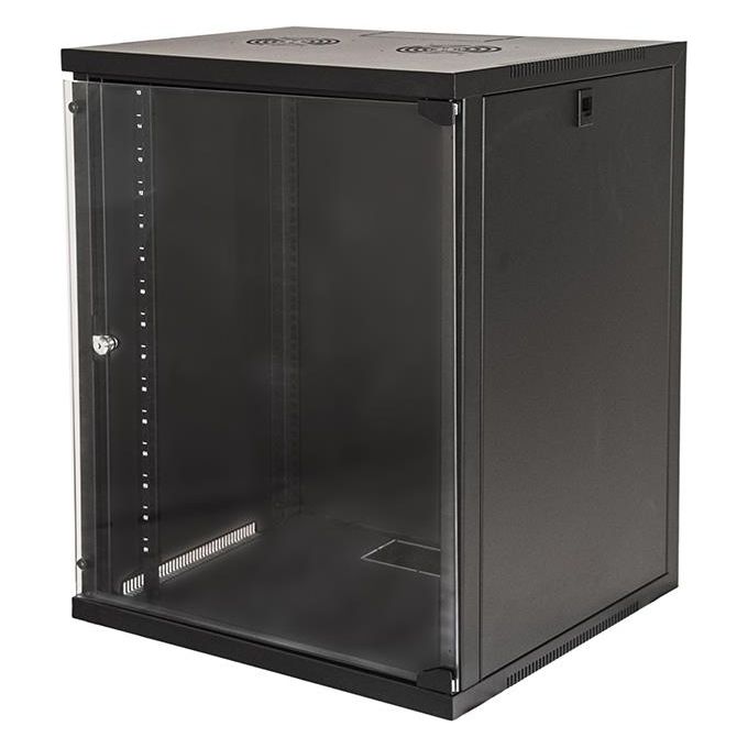 LINK LK1918U66N Armadio Rack 19 Pollici 18 Unita' Montaggio a Muro in Acciaio con Porta in Vetro Temperato Capacita' 45 Kg colore Nero