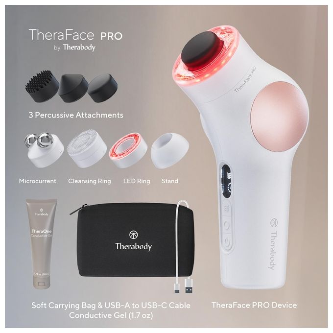 Therabody TF02222-01 TheraFace Pro Dispositivo Multifunzione per la Salute del Viso con Terapia a Percussione Microcorrente LED e Pulizia Profonda colore Bianco