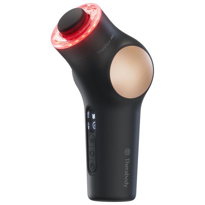 Therabody THERA FACE PRO Dispositivo Multifunzione per Cura del Viso con Microcorrente 3 Livelli Luce LED 3 Accessori Percussivi Gel Conduttore Batteria 120 Minuti colore Nero