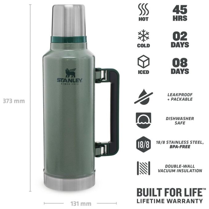 STANLEY 10-07934-001 Classic Legendary Thermos 1.9L Mantiene la Temperatura 45 Ore Acciaio Inox Senza BPA Lavabile in Lavastoviglie Garanzia a Vita colore Hammertone Green