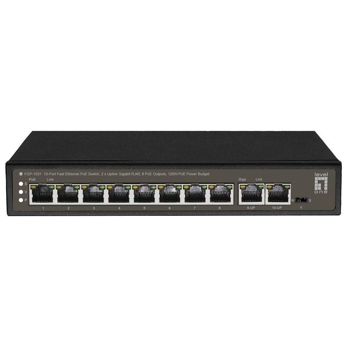 LevelOne FGP-1031 Switch di Rete Non Gestito 10 porte 8 PoE 120W 2 Uplink Gigabit RJ45 HiPoE 60W colore Nero