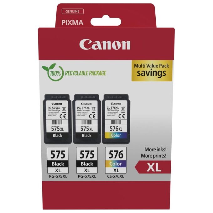 Canon 5437C004 Cartuccia Stampante Originale Alta Capacita' 2x Nero PG-575XL 1x Colore CL-576XL resa 400 pagine nero 300 pagine colore compatibile PIXMA TR4750i TR4751i TR4755i TR4756i TS3500 TS3550i TS3551i TS3750i TS3751i TS3752i colore Nero + Colore