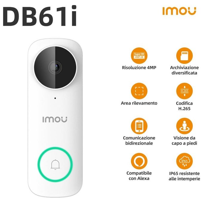 Imou DB61I Videocampanello Cablato 2 fili 5 MP 164° Visione Notturna 5m Wi-Fi Dual Band IP65 colore Bianco