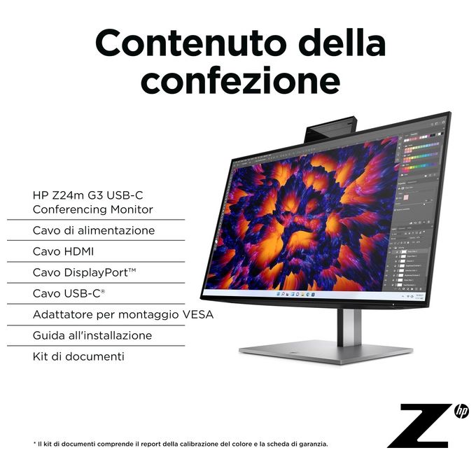 HP 4Q8N9AA Z24m G3 Monitor PC 23.8'' QHD IPS 2560x1440 Webcam 5MP USB-C 100W Hub USB colore Argento