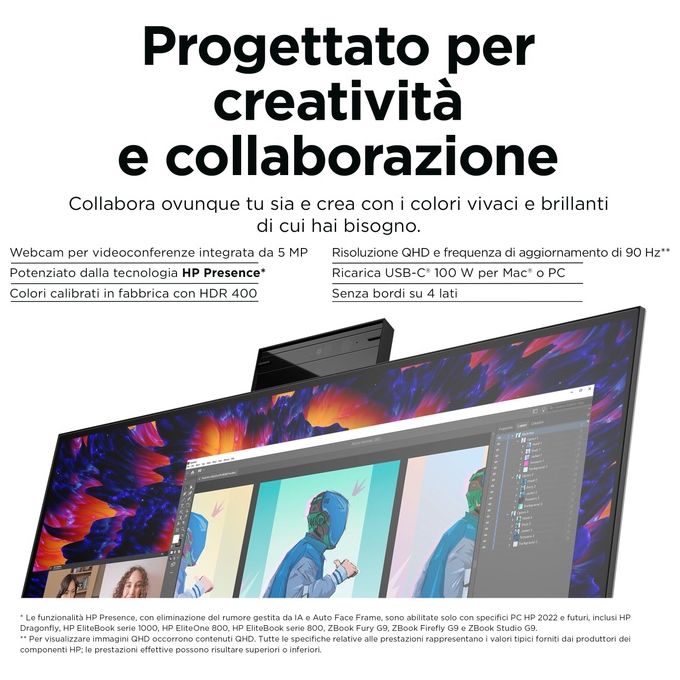 HP 4Q8N9AA Z24m G3 Monitor PC 23.8'' QHD IPS 2560x1440 Webcam 5MP USB-C 100W Hub USB colore Argento