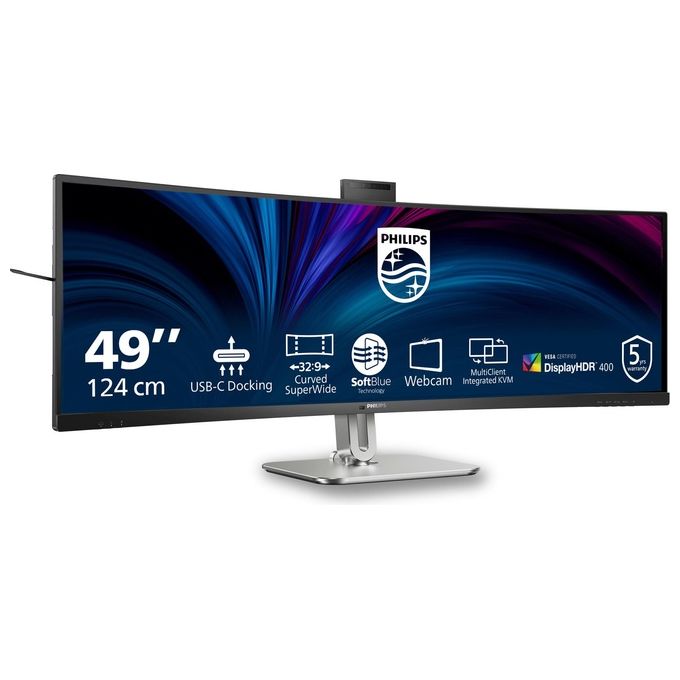 Philips 49B2U6900CH Monitor PC Curvo 49'' Dual QHD 5120x1440 USB-C 100W Webcam 5MP Hub USB DisplayPort HDMI colore Nero