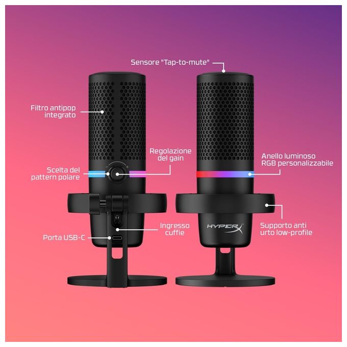 HyperX 4P5E2AA DuoCast Microfono USB Condensatore 24 bit 96 kHz RGB Cardioide Omnidirezionale con Filtro Pop e ShockMount colore Nero